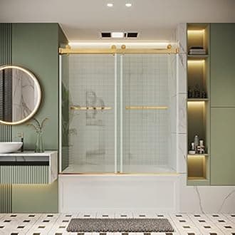 Bathtub Shower Door, 56-61" W x 66" H, SGCC-Certified 3/8" (10mm) Clear Tempered Glass, Frameless Double Sliding Shower Door, Stainless Steel Brushed Gold Finish