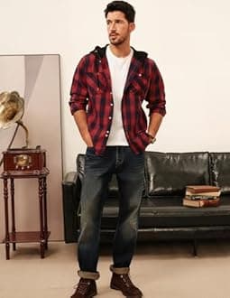 PJ PAUL JONES Men's Flannel Shirt Plaid Hoodie Casual Shirt Long Sleeve Lightweight Shirt Jackets