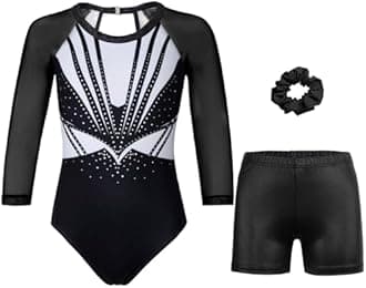Gymnastics Leotards for Girls With Shorts Sparkly Ballet Dance Long Mesh Sleeve