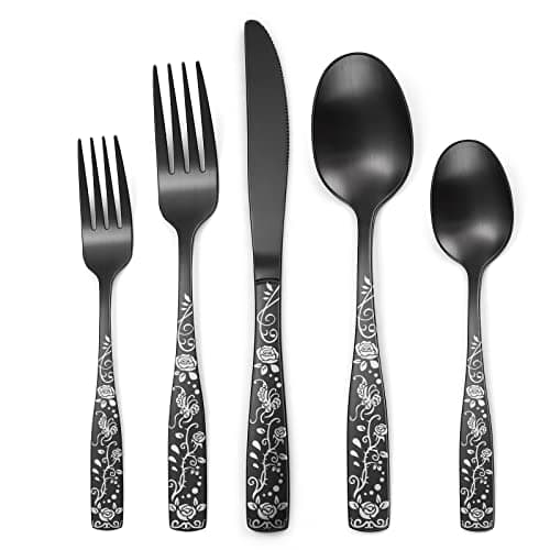 Matte Black Rose Flower Pattern Silverware Set for 8,OIULO 40-Piece Flatware set,18/0 Stain Finish Stainless Steel Decorative,Vintage Cutlery 8,Design Handle,Daily Party Event Serving Dishwasher Safe
