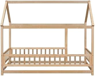 Twin Size House Bed for Boys, Girls, Wooden Montessori Bed with Fence and Roof,Easy to Assemble,No Box Spring Needed, Natural