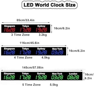 Wall Mounted World Clock, 3/4/5 City Time Zone LED Digital World Time Wall Clock Indoor Multi Time Zone World Wall Clock for Multinational Enterprises/Office/Home/Living Room/School,Blue-5City