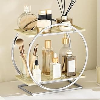 Perfume Organizer for Dresser, 2-Tier Bathroom Counter Organizer, Elegant Makeup Organizer for Vanity, Multi-Purpose Cosmetics Skincare Organizers Countertop (Silver Frame & Cream White Tray)