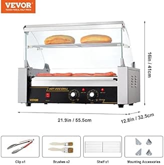 VEVOR Hot Dog Roller 7 Rollers 18 Hot Dogs Capacity 1050W Stainless Sausage Grill Cooker Machine with Dual Temp Control Glass Hood Acrylic Cover Bun Warmer Shelf Removable Oil Drip Tray, ETL Certified