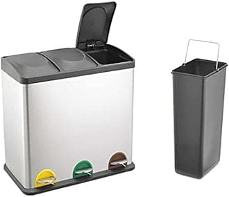 EVRE 60 L Kitchen Waste Rubbish Recycling Bin 3 x 20 Litre Triple Compartment Separation with Removable Plastic Buckets, Odour Seal, Smudge & Fingerprint Resistant (Silver)