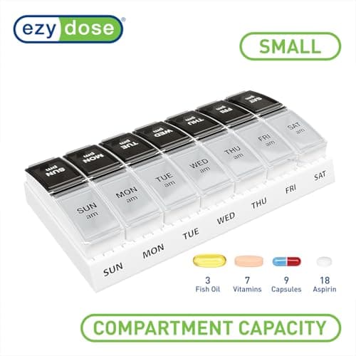 EZY DOSE Weekly (7-Day) Daily AM/PM Pill Case, Medicine Planner, Vitamin Organizer, Supplement Container, Small Pop-out Compartments, Designed for Travel, 2 Times a Day, Black and Clear Lids