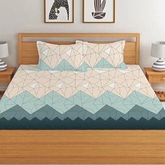 LOOMLYFE 300 TC Cotton Feel Glace Cotton Elastic Fitted Printed Queen Size Double Bed Bedsheet with 2 Pillow Covers Fits Upto 8 inches,Size- 60x78x10 Inches, BeigeGreenTri