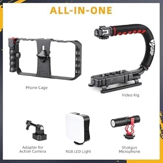 Zeadio Smartphone Camera Stabilizer, Portable Handle Grip Handheld Video Rig with RGB Video Light and Microphone, Fits for All Camcorder, Camera, DSLR and All iPhone and Android Smartphones