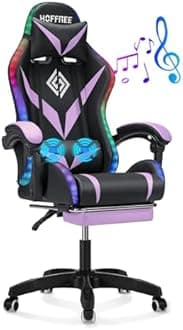 HOFFREE RGB Gaming Chair with Speakers and Massage Ergonomic Computer Chair with Lights and Footrest Reclining Video Game Chairs for Adults Purple and Black