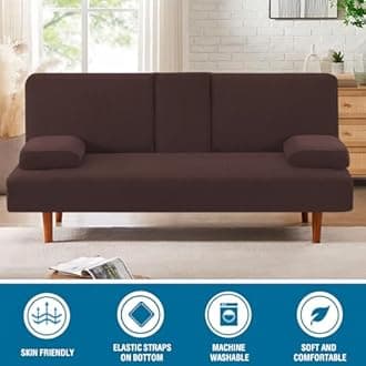 H.VERSAILTEX 4 Pieces Stretch Futon Covers Sofa Bed Slipcover with Removable Armrests and Cupholders Covers Furniture Protector High Spandex Small Checks Jacquard Fabric, Chocolate
