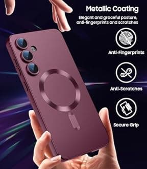 LEKEVO Magnetic for Samsung Galaxy S24 Case [Compatible with MagSafe][Built-in Camera Lens Protector] Slim Soft Silicone Bumper Shockproof Metallic Luster Phone Case (Burgundy)