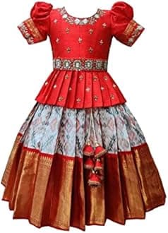 White Button Girls Polyester Blend New South Indian Traditional Pattu Pavadai Jecquard Readymade Lehenga Choli Dress