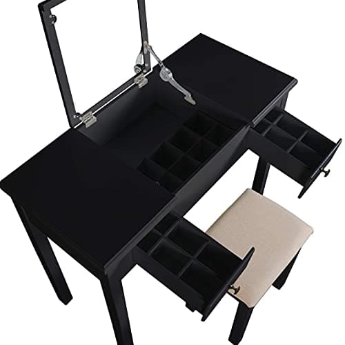 AILEEKISS Vanity Set with Flip Top Mirror Makeup Dressing Table Removable Makeup Table Organization Writing Desk with 2 Drawers 3 Dividers Organizers Cushioned (Black)