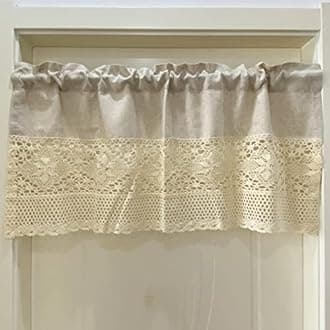 Rustic Boho Curtain Valance for Kitchen Window Farmhouse Handmade Crochet Lace Splicing Cotton Fabric Curtain Tiers for Coffee Decor Rod Pocket Short Curtains for Bathroom 1 Panel W39 X L24 Inch
