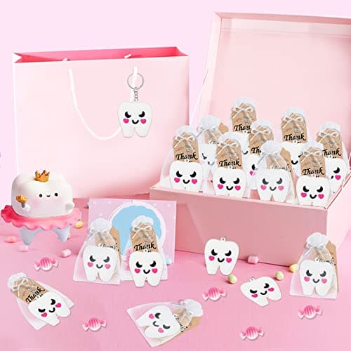 CiciBear 60 Pack Party Decorations for Guests, 20 Tooth Keychains, 20 Tags and 20 Gift Bags for First Tooth,Teeth Party,First Birthday,Clinic Graduation
