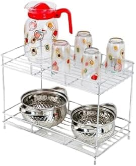 Big Size Stainless Steel Floor Mount 2 Layer Kitchen Spice Rack| Modular Kitchen Shelves | Kitchen Organizer Multipurpose Storage Shelf/Rack (Silver)