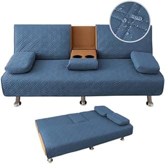 4 Pieces Click Clack Sofa Bed Cover 3 Seater, Quilted Convertible Folding Cover with 2 Removable Armrests and 1 Holders Covers (Denim Blue)