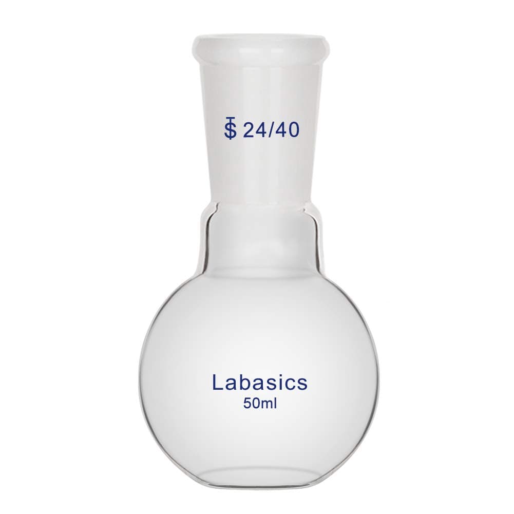 - Labasics Glass 50ml Single Neck Flat Bottom Boiling Flask, with 24/40 Standard Taper Outer Joint, 50ml