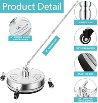 Tecoloy 14" Pressure Washer Surface Cleaner with 4 Wheels-Stainless Steel Power Washer Accessories for Concrete Driveways Sidewalks Patios Cleaning (14 INCH Silver)