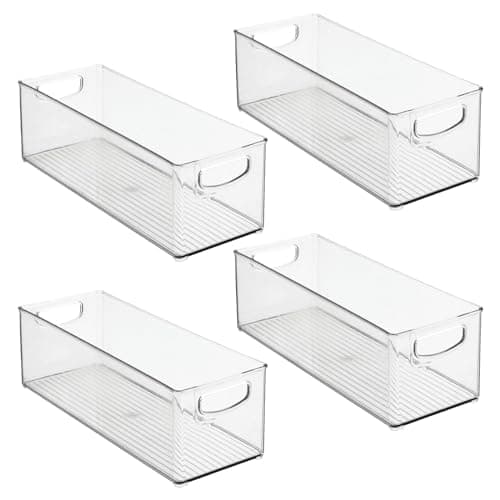mDesign Plastic Stackable Kitchen Organizer - Storage Bin with Handles for Refrigerator, Freezer, Cabinet, and Pantry Shelves Organization - Food Container - Ligne Collection - 4 Pack - Clear