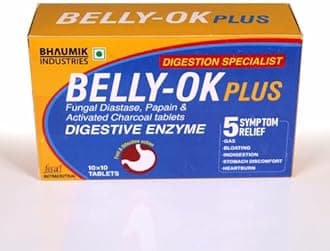 Belly OK Plus Digestive Enzymes with Activated Charcoal Tablets - 50 Days Pack | Effective Relief from Digestive Problems Like Gas, Bloating, Indigestion, Stomach discomfort & Acidity - Anytime, Anywhere| Boosts Digestion & Maximizes Nutrient Absorption| 100 Tablets (Veg) x Pack of 1