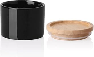 Ceramic Canister, 5 FL OZ Storage Jar with Airtight Seal Wooden Lid, Stackable Containers for Kitchen Counter, Candy, Sugar, Salt, Spice, Herbs, Ground Coffee and More (Black)