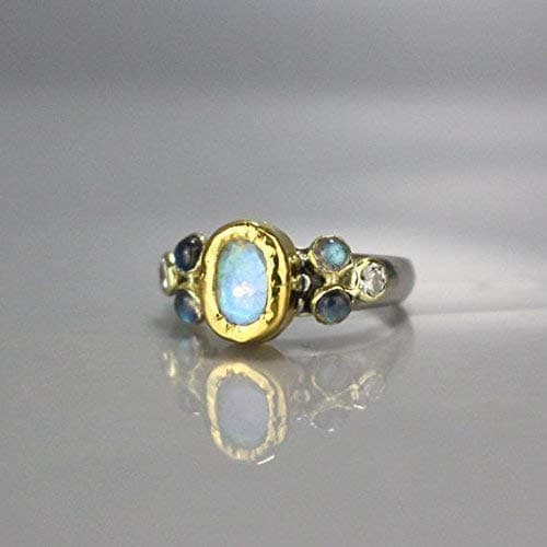 22K Solid Gold and Sterling Silver Rainbow Moonstone Labradorite Diamond Engagement Ring, Vintage Style Wedding Ring