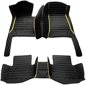 Custom Making Car Floor Mats for 95% Sedan SUV Sports Car Full Coverage Cute Men Women Pads Protection Non-Slip Leather Floor Liners (Black Yellow Strips)