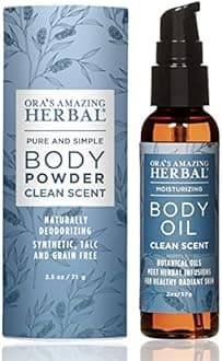 Natural Body Powder and Oil Set, Dusting Powder, Body Oil, No Talc, Corn, Grain, Gluten, Clean Scent Powder 2.5 oz with Travel Size Clean Scent Oil 2 oz,