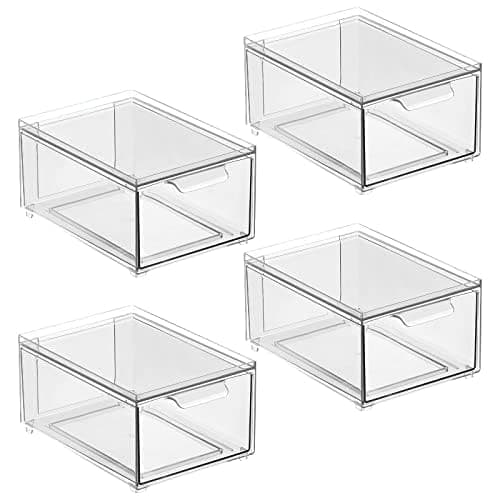 mDesign Plastic Bathroom Organizer Bin w/Pull Out Drawer - Slim Stackable Storage Container for Bathroom Accessories - Perfect for Organizing Bathroom Cabinet - Lumiere Collection - 4 Pack - Clear