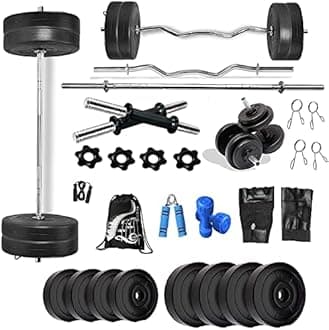Bodyfit Home Gym Set 8 Kg to 100 Kg with Straight and Curl Rod + Dumbbell Rods Complete Exercise Equipments 1Kg Pair Dumbbell. (100 Kg Weight Plates)