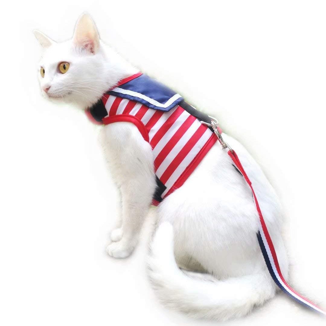 Cat Harness and Leash for Walking Escape Proof, Adjustable Cat Vest Harness, Padded Stylish Cat Walking Jackets, Sailor Suit Red, Medium