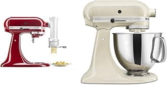 KitchenAid KSMPEXTA Gourmet Pasta Press Attachment with 6 Interchangeable Pasta Plates, White & Artisan Series 5 Quart Tilt Head Stand Mixer with Pouring Shield KSM150PS, Almond Cream