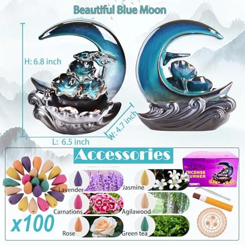 New Moon Backflow Incense Holder,Waterfall Incense Burner ,Ceramic Hand-Made Incense Fountain Burner with 100 Backflow Incense Cones,Fragrance Incense Stick,mat,Aromatherapy Home Decoration