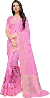 Leeza Fashion Women's Pink Supernet Kota Doria Style Saree with Floral Embroidered Pattern, Golden Zari Border & Pallu, with Blouse Piece (0.8 Mtr)