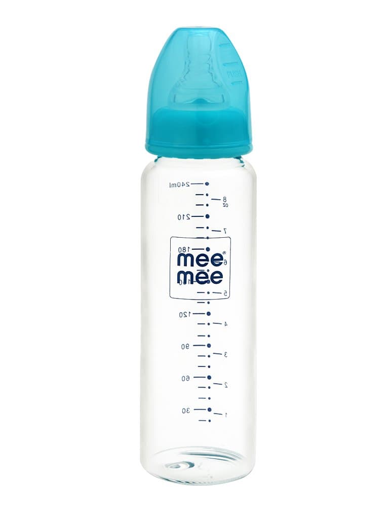 Mee Mee Premium Glass Feeding Bottle with Eazy-Flow Technology, Anti-Colic Valve,Anti Slip,BPA-Free Baby Feeding Bottle for Babies & Toddlers(Blue, 240Ml)