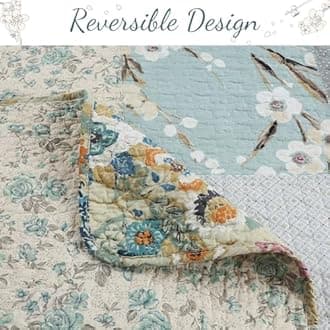 Cozy Line Home Fashions 100% Cotton Classic Patchwork Bedding Quilt Set, Blue Gray Teal Taupe Bohemian Style Reversible Bedspread Coverlet (Carolina Bloom, Queen - 3 Piece)