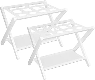 Heybly Luggage Rack, Pack of 2, Folding Suitcase Stand with Storage Shelf, Heavy-Duty Luggage Holder for Guest Room Bedroom Hotel, Holds up to 141 lb, White HLR010W2
