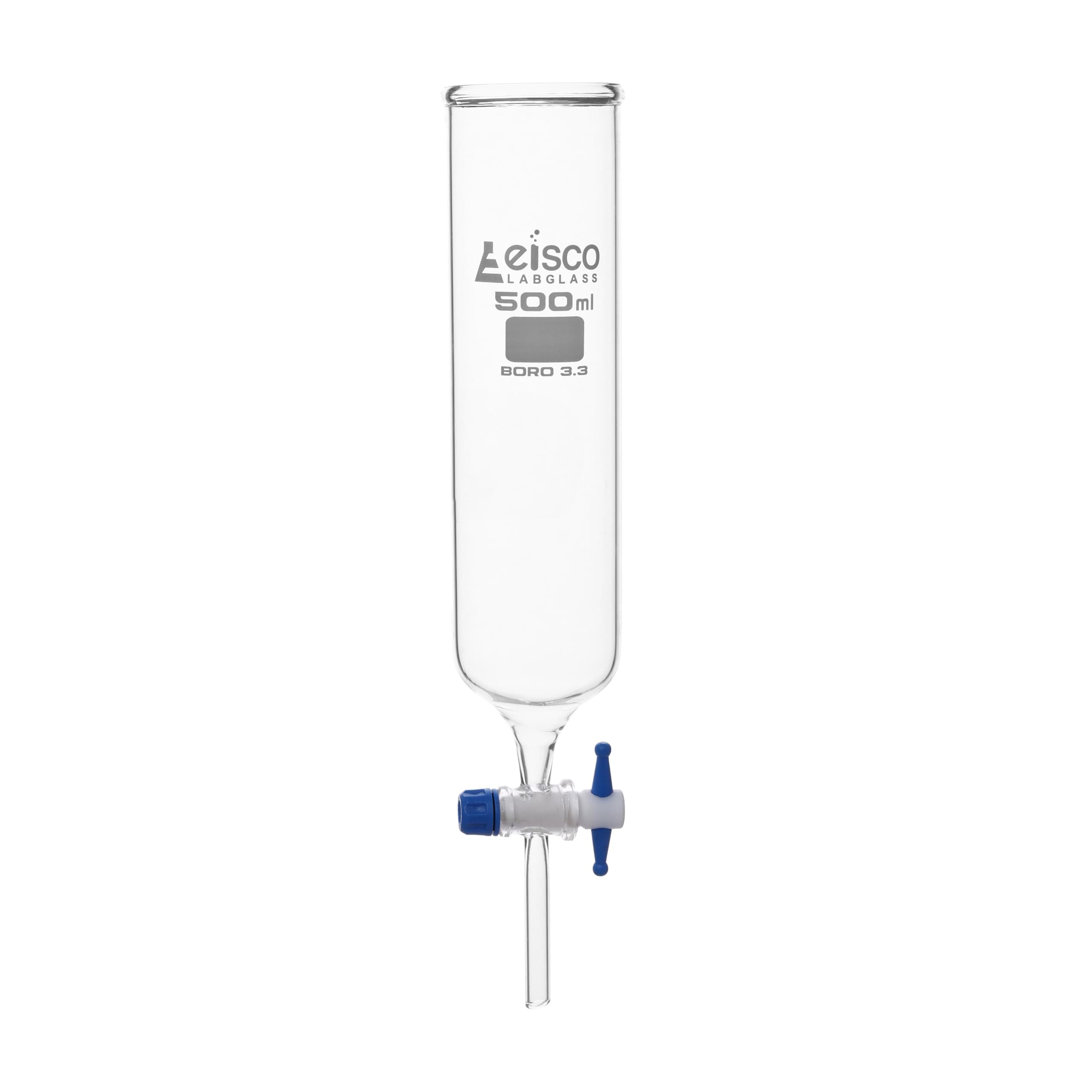 EISCO Dropping Funnel, 500ml - PTFE Key Stopcock, Open Top, Cylindrical - Ungraduated - Cylindrical, Borosilicate Glass