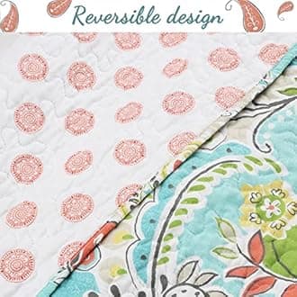 Azalea Floral Chintz PaisleyMicrofiber Reversible Quilt Bedding Set Coverlet, Bedspread, Turquoise Blue, 3-Piece Queen Set