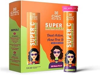 Chicnutrix Super C - Natural Vitamin C & Zinc for Clear & Acne Free Skin | 1000mg Amla Extracts|For Women & All skin types| Orange Flavour | 60 Effervescent Tablets