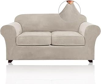 PrinceDeco Velvet Couch Cover Loveseat Covers for 2 Cushion Couch 3 Piece Sofa Covers for Dogs Washable Loveseat Covers Width Up to 72 Inch No Slip Stretch Sofa Slipcover(Medium, French Oak)