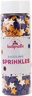Tastycrafts Edible Star Shaped Sugar Sprinkles for Cake Decoration | Star Candy for Cake Decor | for Cake Decorations & Toppings | for Dessert, Cakes, Cupcakes, Waffles, Cookies (Purple, White & Gold)