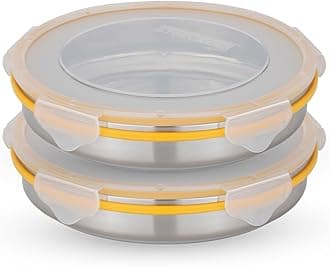 STEELLOCK Stainless Steel Container/Dabba with 4 Side Clip Lock see through Lid for Office & School Use/Food Grade/Air Tight/Easy to Carry/Leak Proof (SL-1500-2pcs X 750 ml, Yellow)