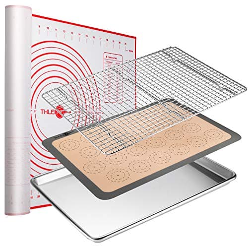 THLEITE 4 Piece Baking Sheet Set - Aluminum Cookie Half Sheet Pan, 18/8 Stainless Steel Cooling Rack, Silicone Non Stick Macaron Baking Mat & Pastry Mat