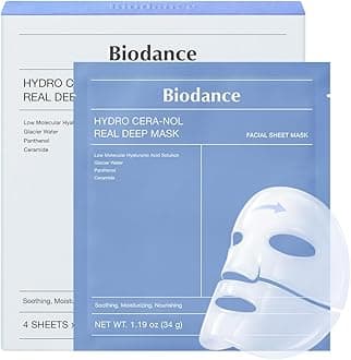 BIODANCE Hydro Cera-nol Real Deep Mask, Hydrating Overnight Hydrogel Face Mask, Moisturizing, Redness Reducing, Quick Soothing, After Sun Care, Sunburn Relief, Korean Skin Care |1.19oz(34g) x4ea