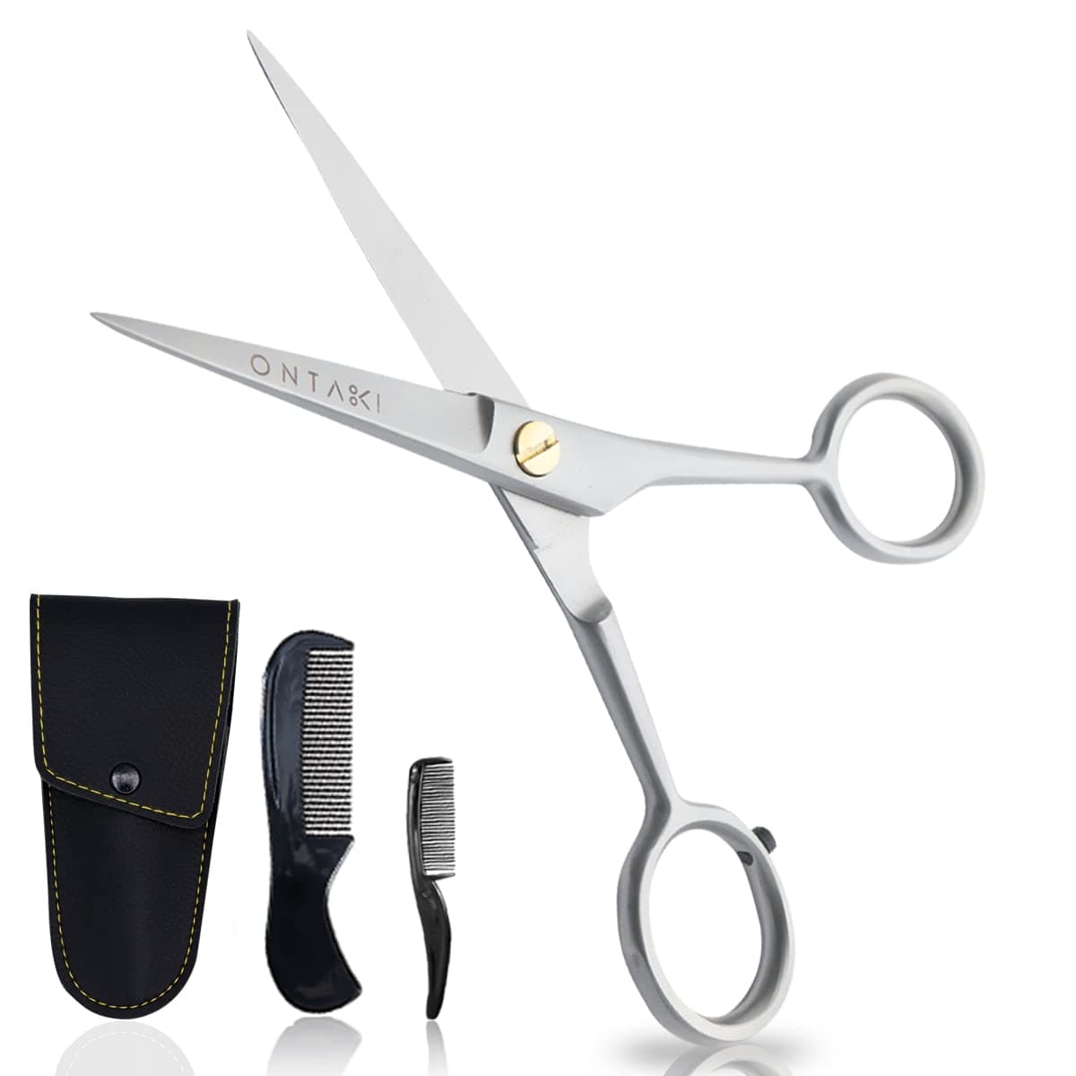 Ontaki Beard & Mustache Trimming Scissors - 5-Inch, Silver, Pack of 1 - Mustache Care Kit with Travel Comb - Compact Travel Pouch & Grooming Kit - 410C German Steel Durability & Beard Scissors