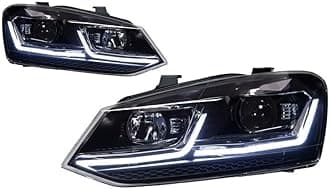 Auto Parts Compatible For VW POLO Headlights 2011-2018 GTI latest Styling Daytime Lights Dual Projector Car Accesorios Modified(Red,RHD)