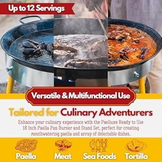 Paelluxe Paella Burner and Stand Set 12 Servings, 18 Inch Paella Pan, Dual Propane Outdoor Stove with Stand & Regulator, Portable Gas Cooker for Camping Crawfish Boil Cooking Outdoor (Black Edition)