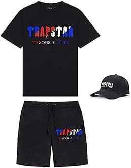 Trapstar Letters Printed Casual Sportswear Suit, Men and Women T-Shirt + Shorts + Hat 3 Piece, Loose Jogging Short Sleeve Tracksuits (Color : A, Size : Large)